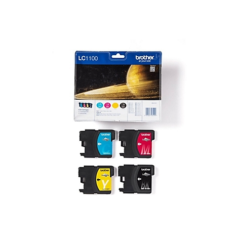 Ein Set von Brother Tintenpatronen (LC1100). Oben: Verpackung mit Produktinformationen. Darunter: Vier einzelne Patronen in Cyan, Magenta, Gelb und Schwarz.