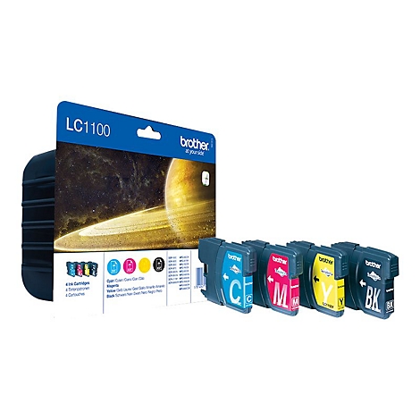 Tintenpatronen für Brother-Drucker; blau-schwarze Verpackung, 4 Patronen daneben: Cyan, Magenta, Gelb, Schwarz.