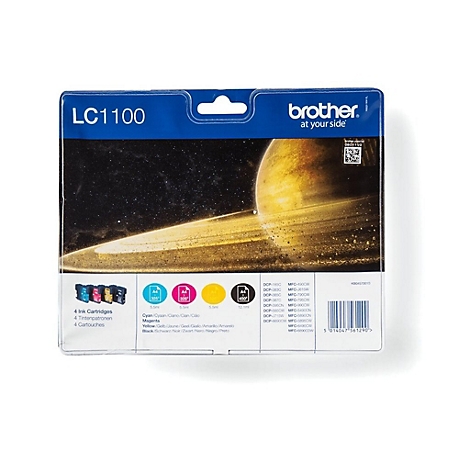 Eine Tintenpatronen-Packung der Marke Brother. Die Verpackung enthält vier Patronen in Schwarz, Gelb, Magenta und Cyan. Aufgedruckt sind Produktnamen und Logos.