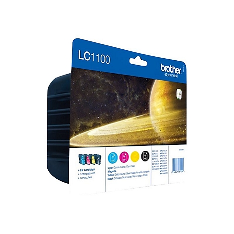 Brother LC1100 Tintenpatronen-Set in Verpackung mit Abbildung eines Planeten und Druckermodell-Liste.