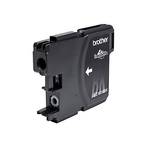 Schwarze Tintenpatrone von Brother, links ein Loch, rechts InnoBella-Logo und Schriftzug LC1100BK.