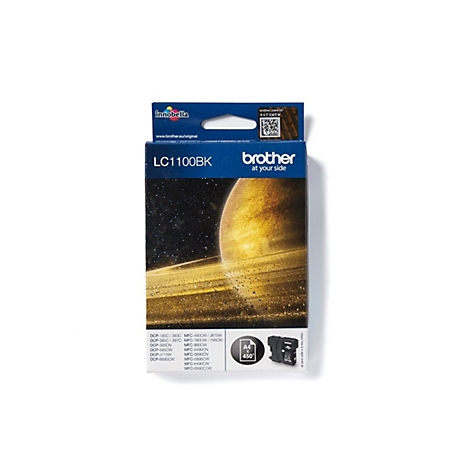Schwarze Tintenpatrone LC1100BK von Brother. Die Verpackung zeigt eine Weltraum-Grafik und Produktbezeichnungen.