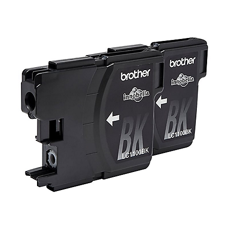 Zwei schwarze Tintenpatronen mit der Aufschrift "Brother innobella BK LC1100BK" und einem Pfeil.
