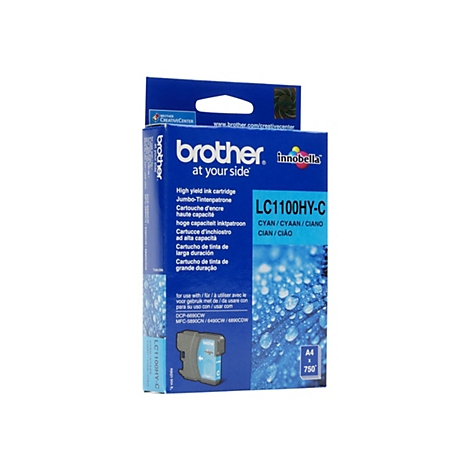 Blau-schwarze Brother Tintenpatrone. Aufschrift: LC1100HY-C, Cyan. Mit Angaben zur Kompatibilität mit verschiedenen Druckermodellen.