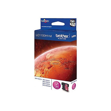Tintenpatrone von Brother, LC1100HY-M, in Verpackung, vor rotem Hintergrund. Aufschrift: "LC1100HY-M", "brother at your side".