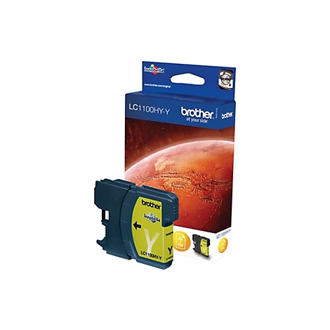Gelbe Brother Tintenpatrone und Verpackung. Aufdruck: LC1100HY-Y, innobella, brother.
