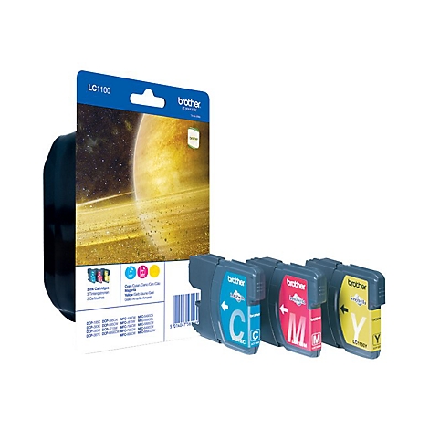 Drei Tintenpatronen (Cyan, Magenta, Gelb) und eine Verpackung mit Planeten-Hintergrund.