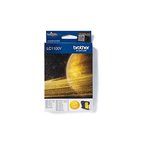 Gelbe Brother-Tintenpatrone in Verpackung. Aufdruck: LC1100Y, gelber Tintenbehälter und Sternenhintergrund.