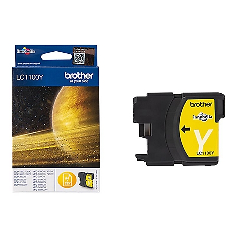 Un détail de cartouche d'encre jaune avec le texte : "LC1100Y", et un emballage de produit avec un motif de planète. L'inscription "brother" est visible.