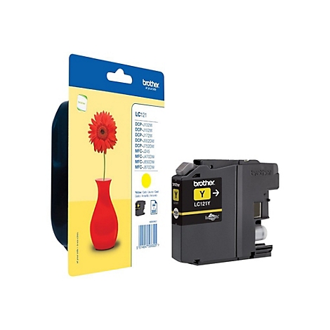 Gelbe Brother-Tintenpatrone und Verpackung mit roter Blume in Vase.