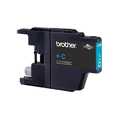 Blaue Brother Tintenpatrone LC1220C mit Schriftzügen und Logos, isoliert auf weißem Hintergrund.