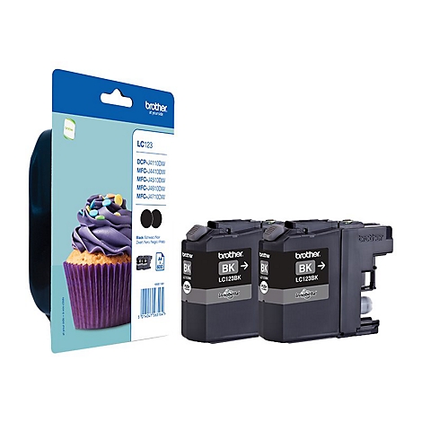 Zwei schwarze Brother LC123BK Tintenpatronen mit Originalverpackung, die einen Cupcake abbildet.