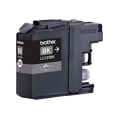 Schwarze Brother LC123BK Druckerpatrone vor weißem Hintergrund.