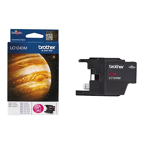 Zwei Tintenpatronen und Verpackung. Auf der Verpackung steht „LC1240M“ und ist mit einem Planeten-Hintergrund versehen.