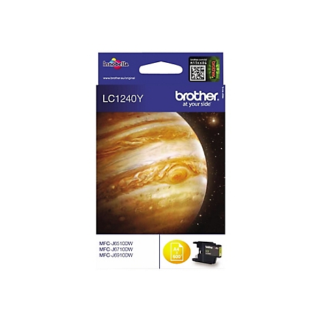 Tintenpatrone von Brother mit dem Schriftzug LC1240Y, Hintergrund ist ein Bild vom Jupiter.