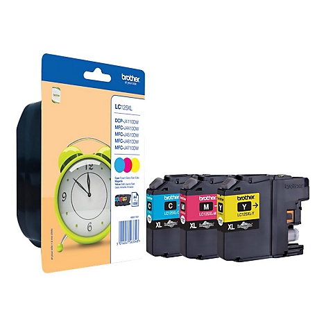 Tintenpatronen-Set, bestehend aus einem schwarzen, gelben, magenta und cyanfarbenen Tintenpatrone, neben der Verpackung.