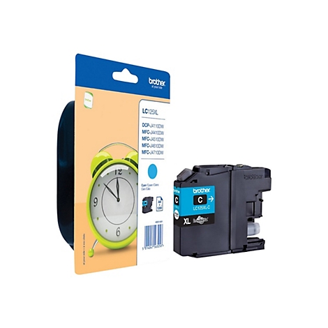 Eine Tintenpatrone von Brother, LC125XL-C, neben ihrer Verpackung. Auf der Verpackung eine Uhr mit 12 Uhr.