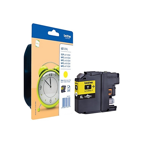 Gelbe Brother Tintenpatrone LC125XL mit Produktverpackung. Aufgedruckt sind technische Details und ein Ziffernblatt.