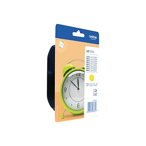 Gelbe Tintenpatrone in Blisterverpackung, dahinter eine grüne Wecker-Grafik.