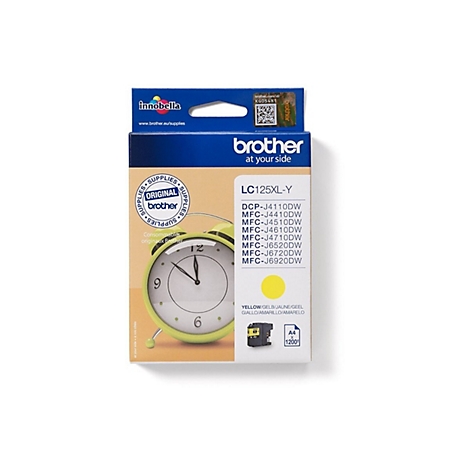 Eine gelbe Brother-Tintenpatrone LC125XL-Y vor weißem Hintergrund. Auf der Verpackung sind Logos und Produktinformationen zu sehen.