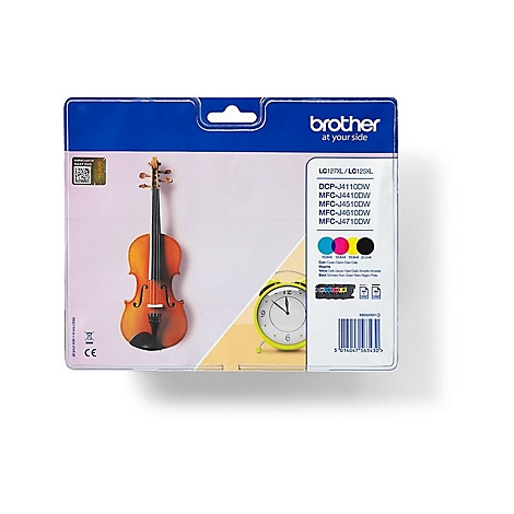Un paquet de cartouches d'encre Brother avec un violon, une horloge et des informations sur les imprimantes compatibles.
