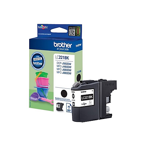 Schwarze Brother-Tintenpatrone LC221BK mit Verpackung. Aufdrucke und Logos sind deutlich sichtbar.