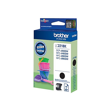 Schwarze Brother Druckerpatrone LC221BK, auf weißem Hintergrund. Mit Produktnamen, Druckerkompatibilität und A4-Informationen.
