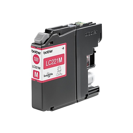Eine Brother-Tintenpatrone LC221M in Schwarz, mit roter Kennzeichnung und der Aufschrift "LC221M".