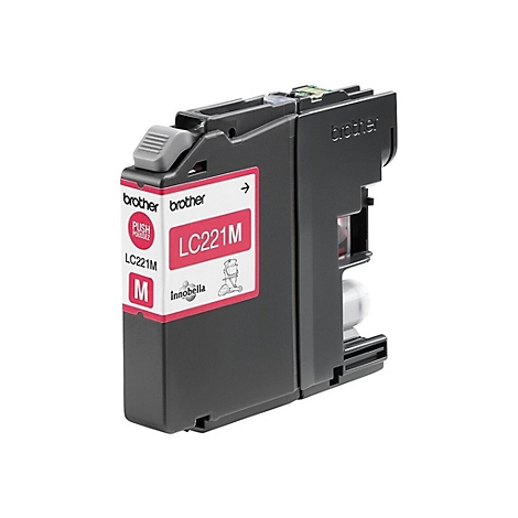 Nahaufnahme einer schwarzen Brother-Tintenpatrone. Aufschrift LC221M in Pink. Grau-Knopf zum Herausdrücken.