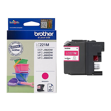 Eine Packung und eine Patrone für einen Brother Drucker. Auf der Packung steht "LC221M", "Magenta" und das Brother Logo.