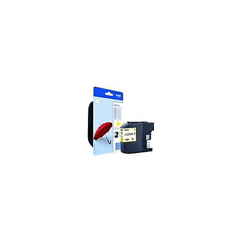Gelbe Brother Tintenpatrone LC225XLY mit Verpackung, roter Regenschirm auf der Verpackung.