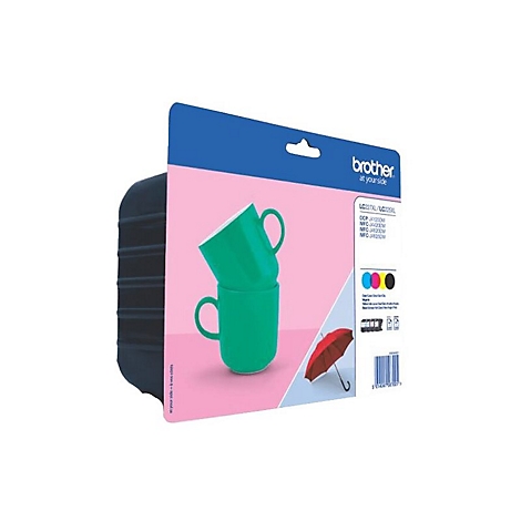 Brother Tintenpatronen-Verpackung mit grünen Tassen-Motiven und Text. Farben: Cyan, Magenta, Gelb, Schwarz.