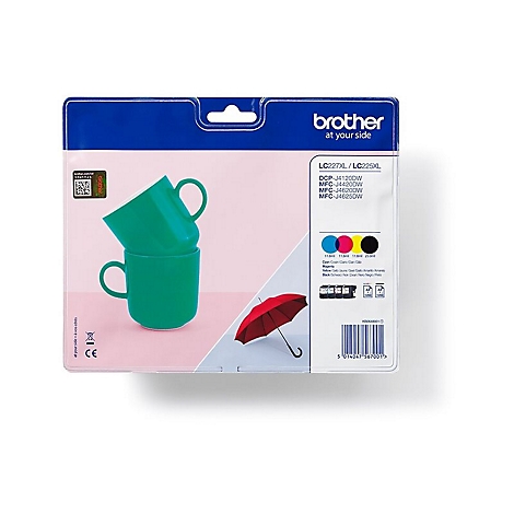 Produktverpackung mit zwei grünen Tassen, rote Regenschirm und Informationen über Tintenpatronen von Brother.