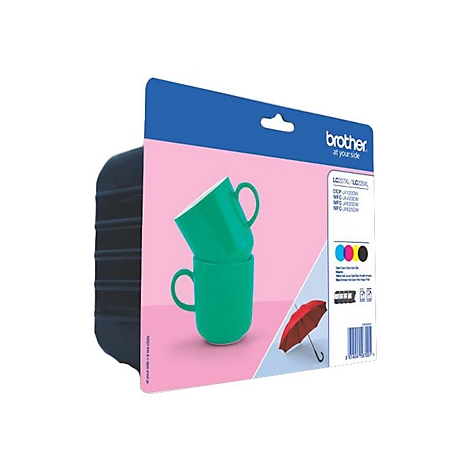 Image d'un emballage de cartouches d'imprimante Brother avec deux tasses vertes et un parapluie rouge.