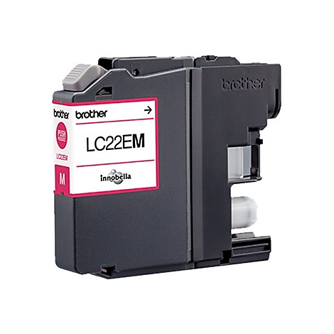 Schwarze Tintenpatrone von Brother. Auf einem pinkfarbenen Label steht LC22EM. "Push" zum Einsetzen. "innobella" als Marke.