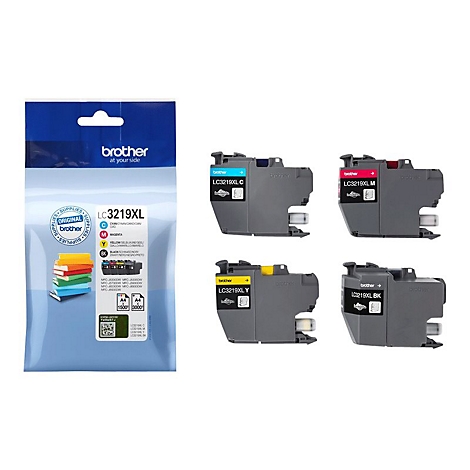 Diverses cartouches d'imprimante Brother, dont cyan, magenta, jaune et noir. Emballé dans un sac en plastique.