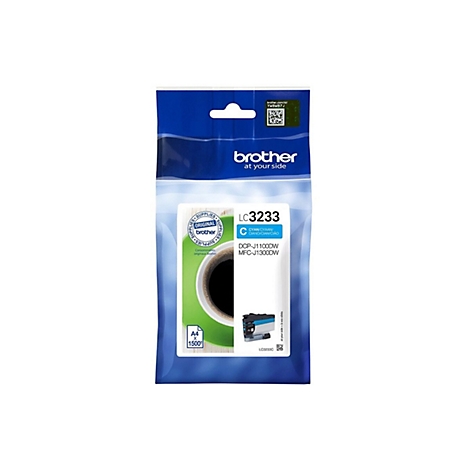 Cartouche d'encre Brother bleue et blanche dans un blister, impression avec le nom du produit, logo Brother.