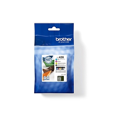Verpackung von Brother Druckerpatronen LC426. Blaue Folie mit Labeln und Produktinformationen. Marke und Farben abgebildet.