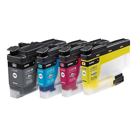 Vier Brother Druckerpatronen: Schwarz, Cyan, Magenta und Gelb. Jede Patrone ist mit dem Modell LC426 beschriftet.