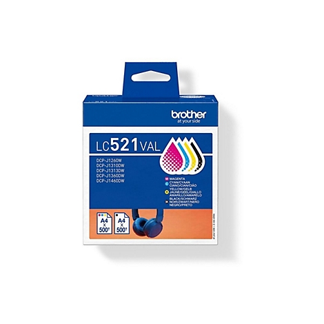 Eine Tintenpatronen-Verpackung von Brother. Auf der Verpackung steht LC521 VAL und es sind farbige Tinten-Icons abgebildet, sowie Produktinformationen.