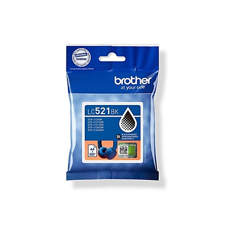 Schwarze Brother Tintenpatrone LC521BK in einer blauen Verpackung. Aufdrucke mit Produktnamen, Modellnummern und Logo.
