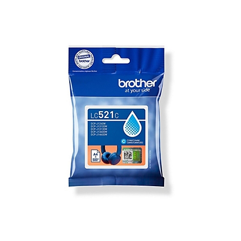 Blau-weiße Brother-Tintenpatrone, LC521C, für Drucker. Enthält Informationen, wie z.B. Modellnummern, und das Brother-Logo.