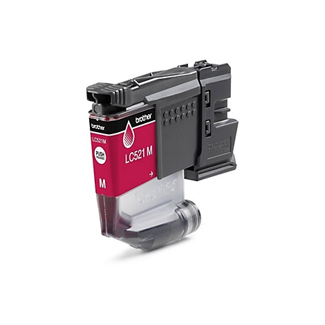 Nahaufnahme einer Magenta-Tintenpatrone. Aufgedruckt sind "brother", "LC521M" und "PUSH".