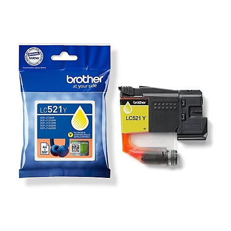 Gelbe Brother Tintenpatrone LC521Y neben der Originalverpackung. Aufdrucke: 'LC521Y' und 'brother'.