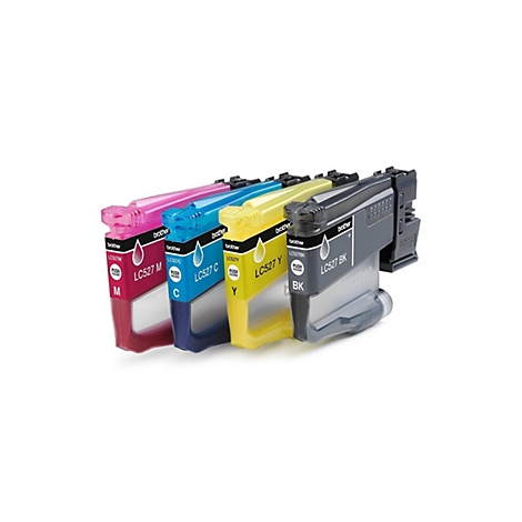 Vier Brother LC527 Tintenpatronen in Magenta, Cyan, Gelb und Schwarz vor weißem Hintergrund.