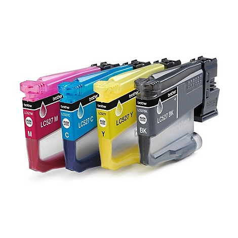 Reihe von Tintenpatronen in Magenta, Cyan, Gelb und Schwarz, mit Etiketten "Brother LC527".