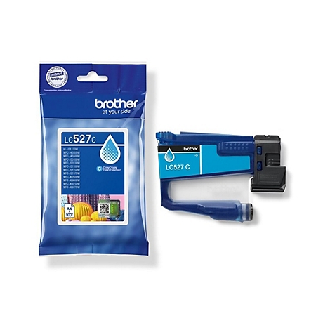 Blaue Brother LC527C Tintenpatrone in Originalverpackung vor weißem Hintergrund.
