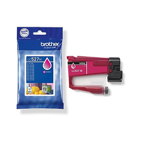 Brother LC527M Magenta Tintenpatrone in der Verpackung und einzeln vor weißem Hintergrund.