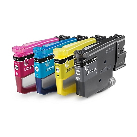 Vier Tintenpatronen von Brother in den Farben Pink, Blau, Gelb und Schwarz. Auf jeder Patrone stehen Produktbezeichnungen und Logos.