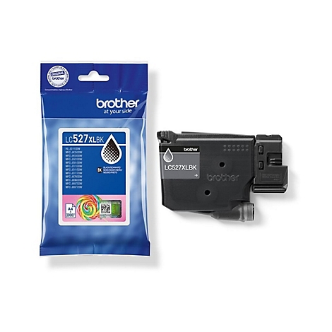 Brother Tintenpatrone LC527XLBK in blauer Originalverpackung neben der schwarzen Patrone.